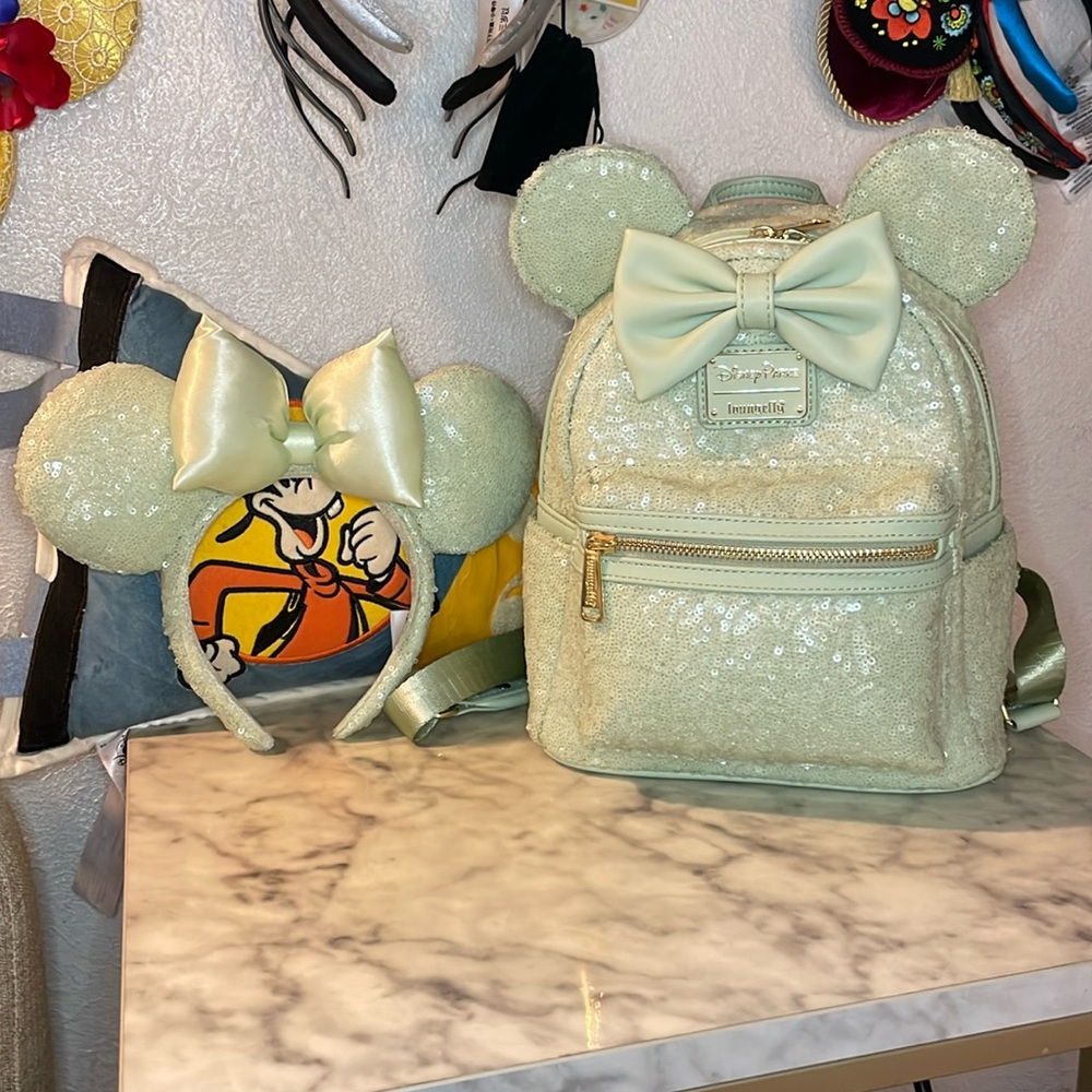 EUC Rare Loungefly Neon Mint Sequin Mini Backpack with matching Ears Headband
